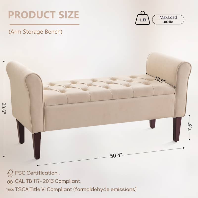 Upholstered Storage Bench Arm Bench Entryway Bench with Tufted Flip Top 50.4 Inches