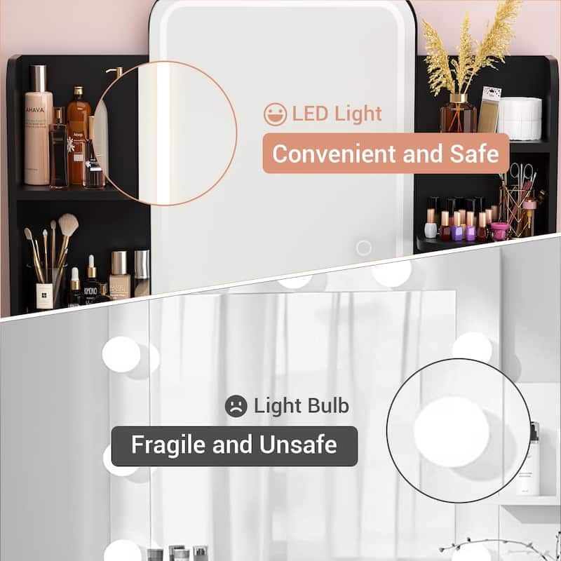 Vanity Table with LED Mirror, Kid's Makeup Vanity Desk with 2 Storage Drawers