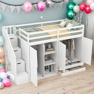 Twin Size Loft Bed With 3 Shelves,2 Wardrobes,2 Drawers,Ladder for Home