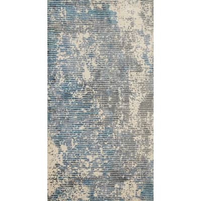 Hand Knotted Oriental Viscose Silk Carpet Modern Abstract Navy Blue & Blues Abstract Area Rug - 4' 0'' X 2' 0''