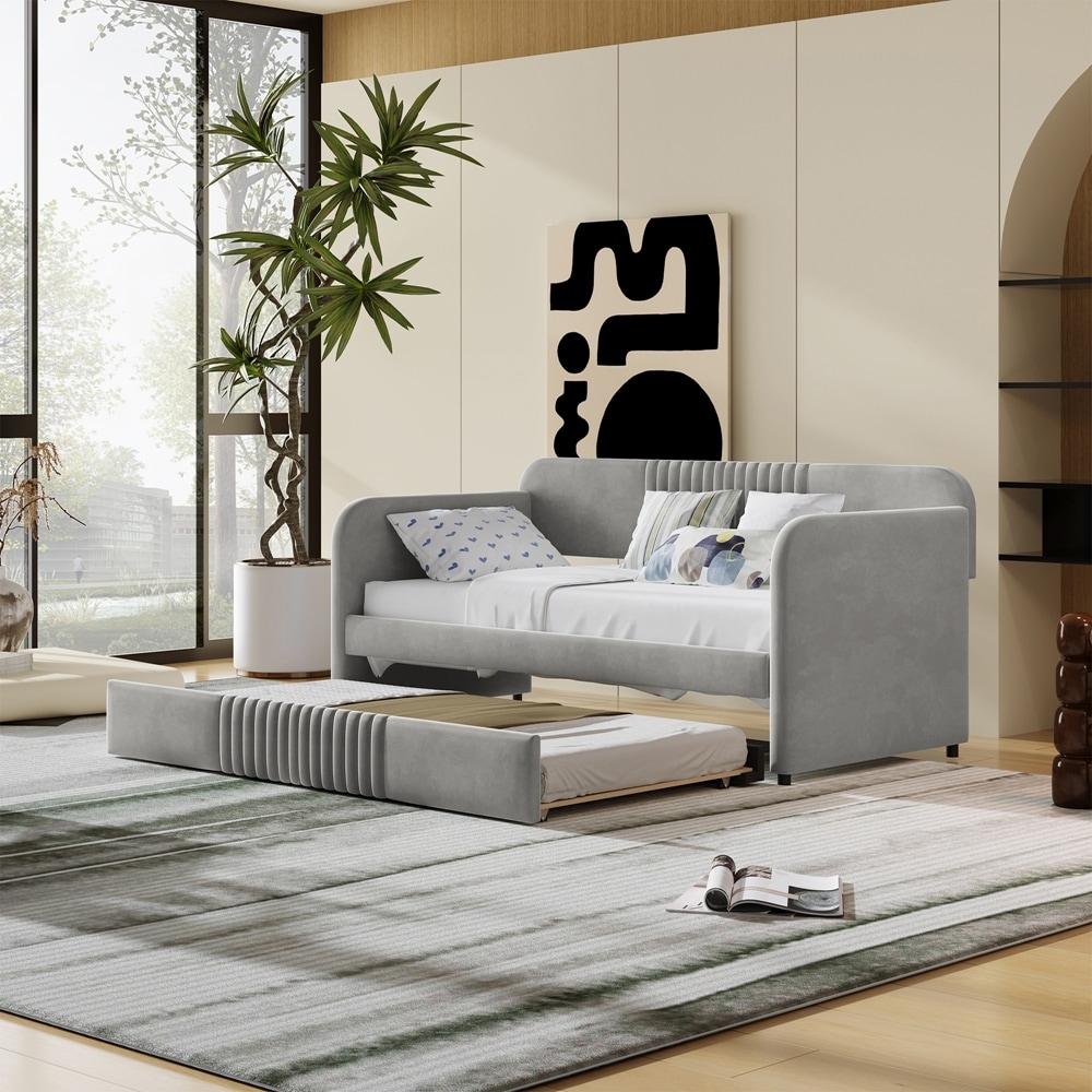 Upholstered Daybed Sofa Bed Twin Size With Trundle Bed and Wood Slat