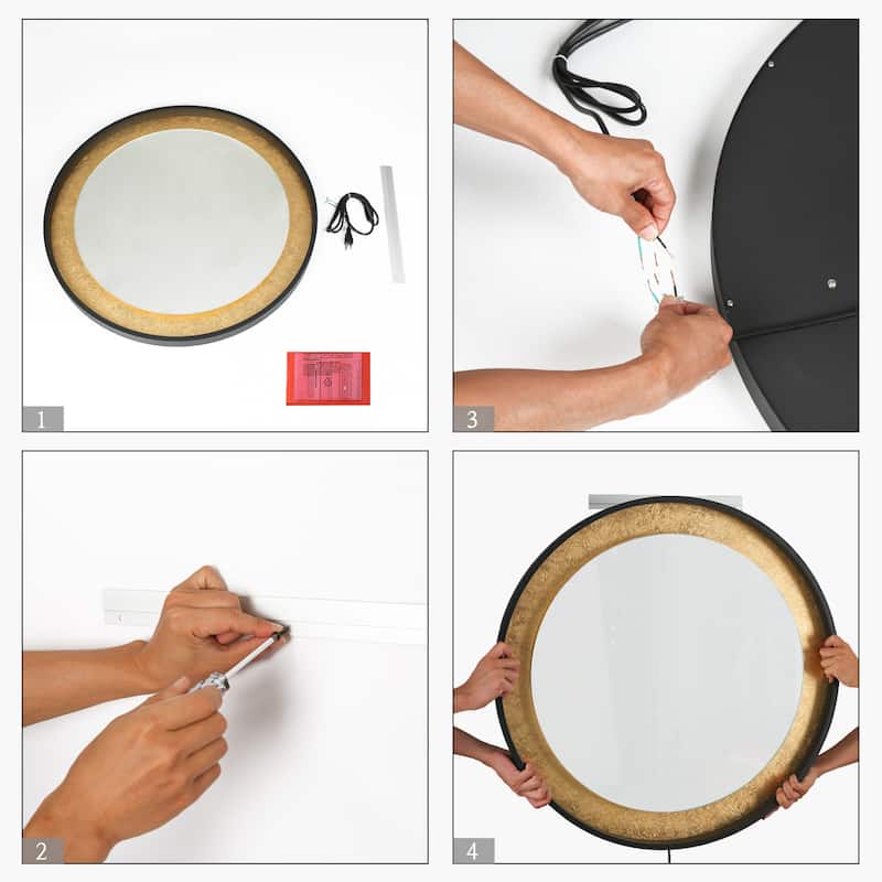 Evari 30 IN. Mid Century Modern Round Gold Leaf LED Bathroom Vanity Mirror Dimmable Makeup Light - Dia.30" x H1.5"