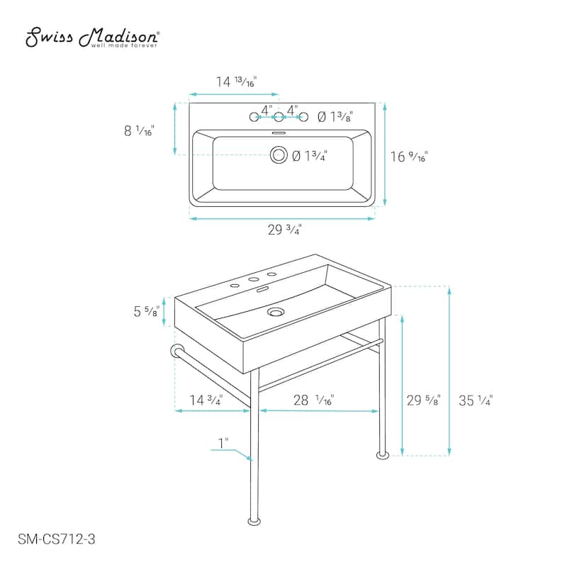 Claire 30" Console Sink White Basin Chrome Legs With 8" Widespread Holes - 30" x 16" x 35"