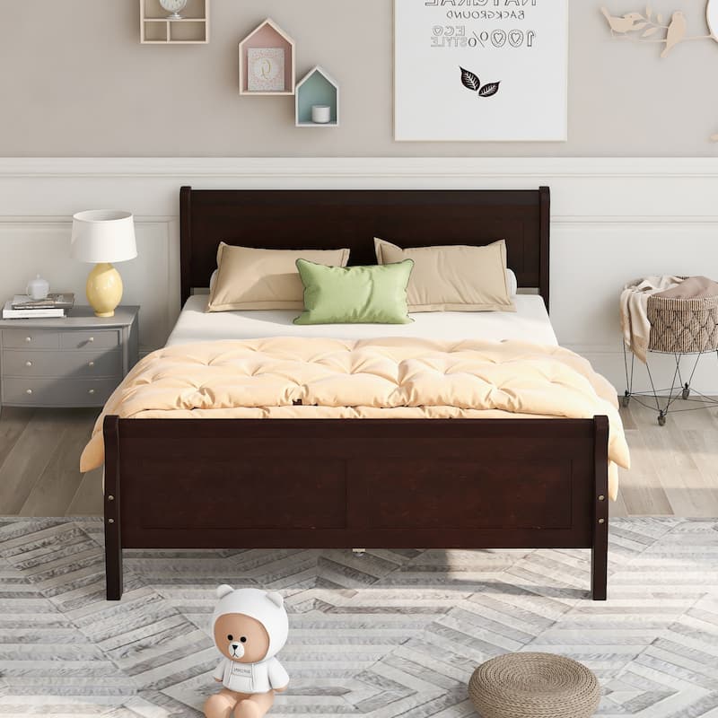 Wood Platform Bed with Headboard and Wooden Slat Support