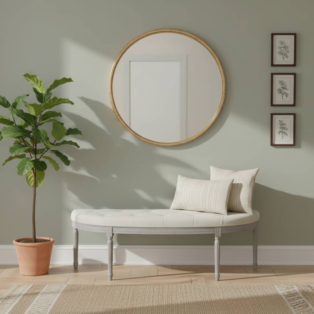 Coastal Tufted Beige Upholstered Wood Leg Bench
