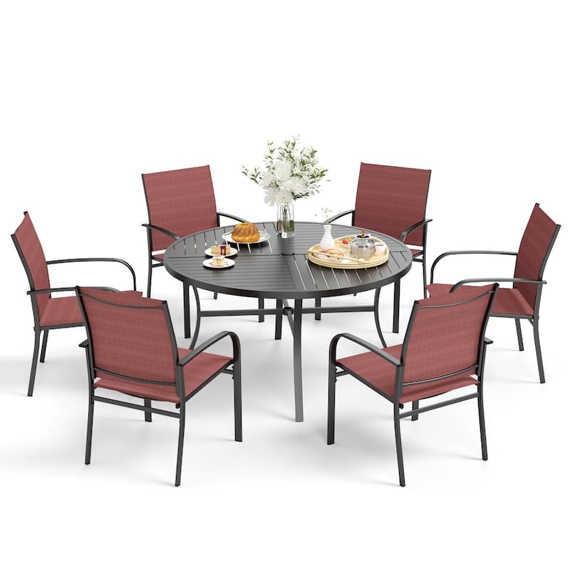 MAISON ARTS 7-Piece Patio Dining Set for 6, Large Round Dining Table with Umbrella Hole & Textilene Dining Chairs