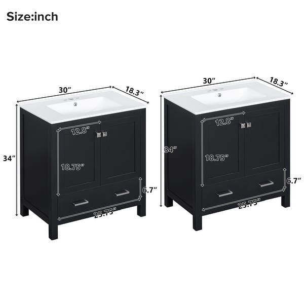 dimension image slide 25 of 35, GDFStudio - Aurora Wood Bathroom Vanity Set with Ceramic Sink and Divided Drawers