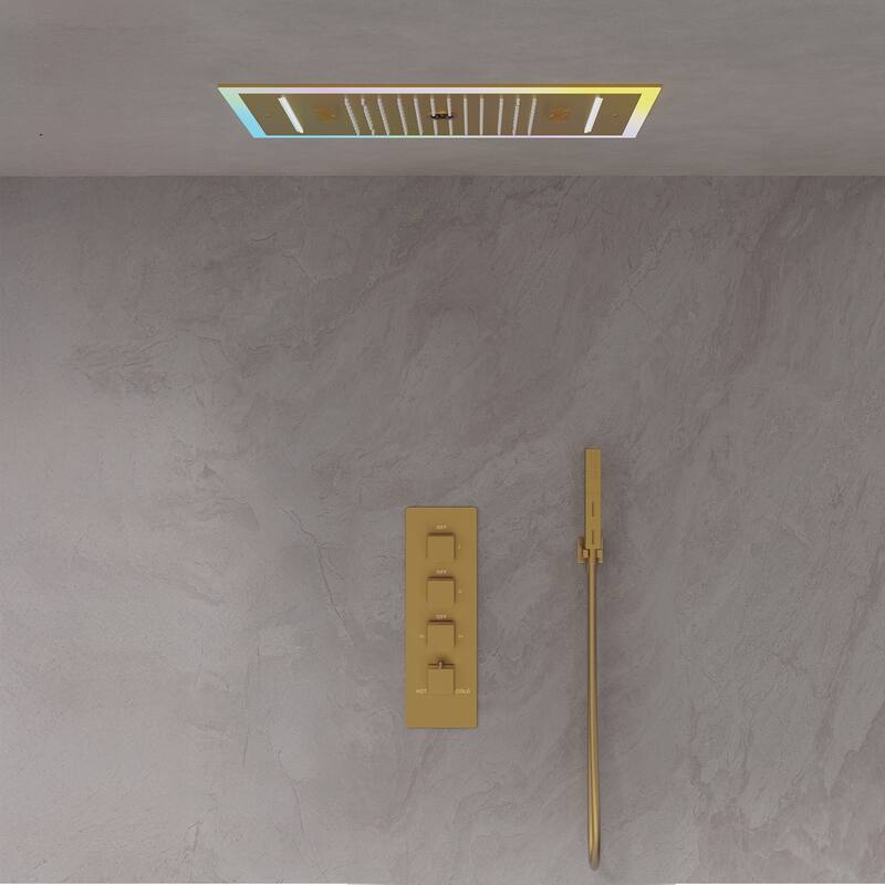 GRANDJOY Thermostatic Triple-Function LED Rain and Waterfall Shower System with Handheld and Built-In Music