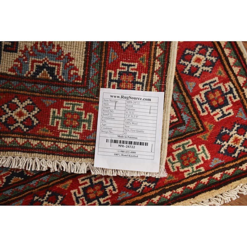 Kazak Oriental Rug Hand-Knotted Wool Carpet - 2'0"x 3'0"
