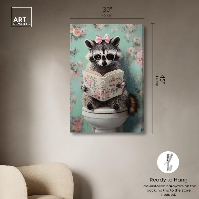 Petite Floral Toilet Raccoon Canvas by Art Remedy, Gallery Wrapped
