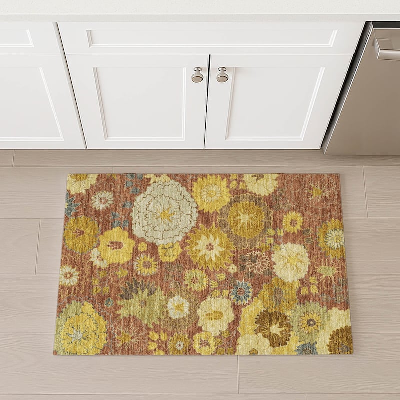 Machine Washable Indoor/ Outdoor Modern Floral Chantille Rug
