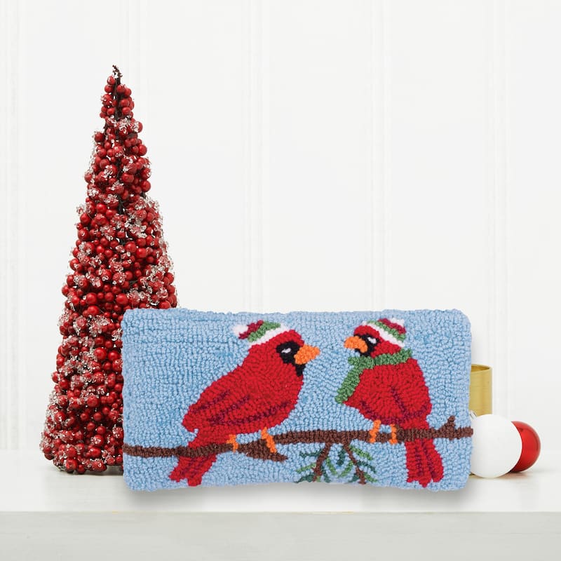 6" x 12" Winter Cardinal Hooked Petite Christmas Holiday Throw Pillow