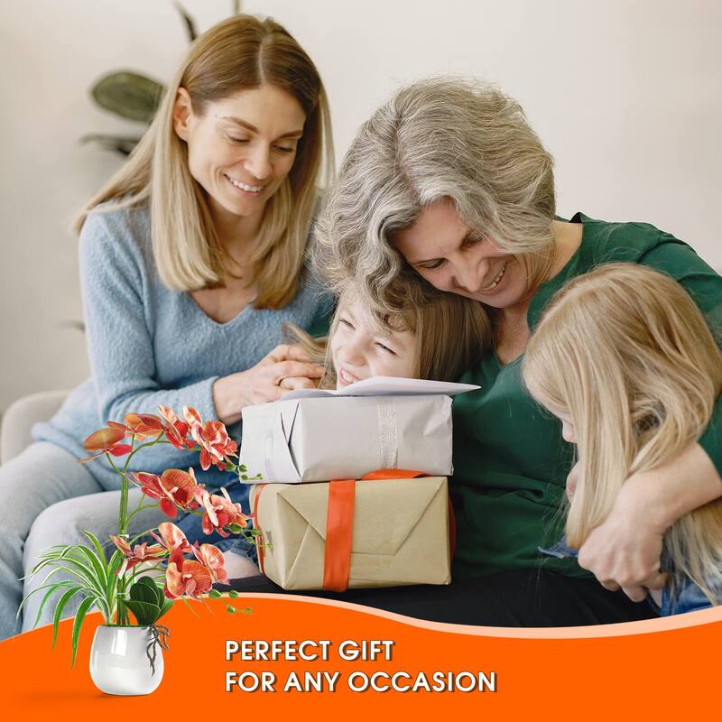 Artificial Orchid Plants and Flowers with Vase, Fake Faux Orchid in Ceramic Pot,19", Orange