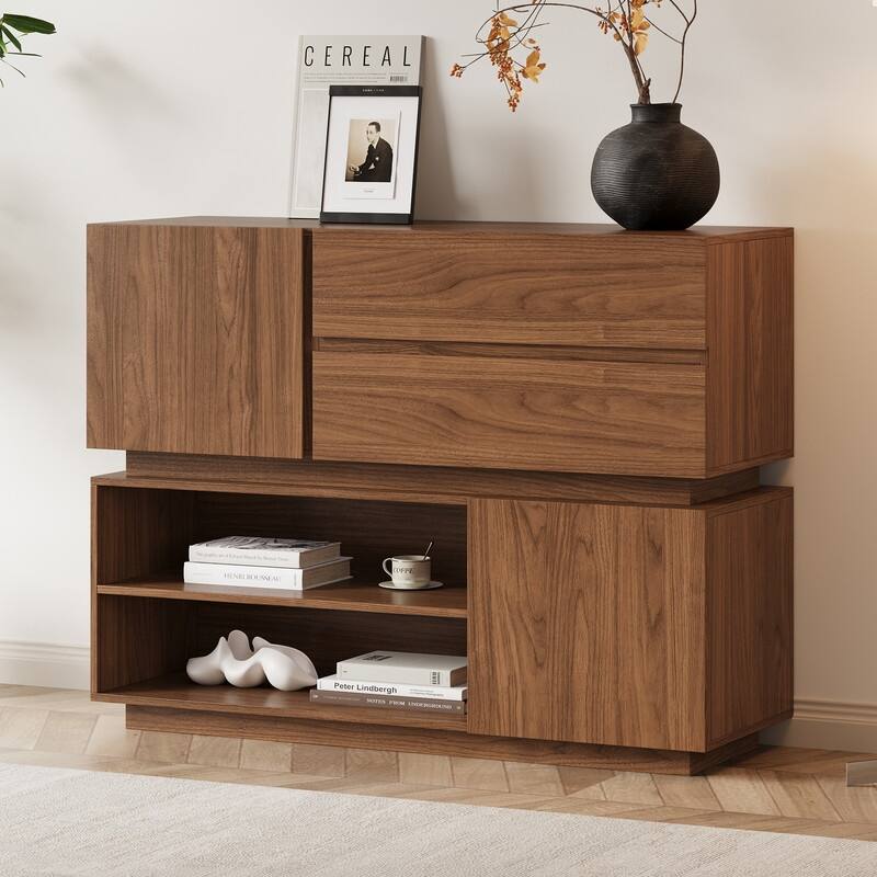 94.7" Modern Mid-Century Brown Wood TV Stand with Storage - Convertible Flat/Stackable Media Console for Living Room