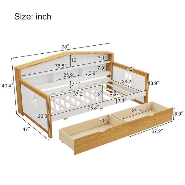 dimension image slide 1 of 2, Wood House Bed with Two Drawers and Bookcase