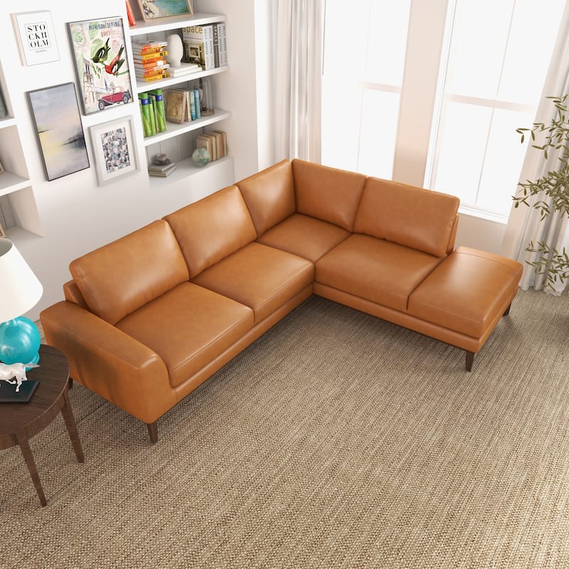 Miami Mid Century Living Room Top Leather Corner Sectional Sofa in Tan - Tan