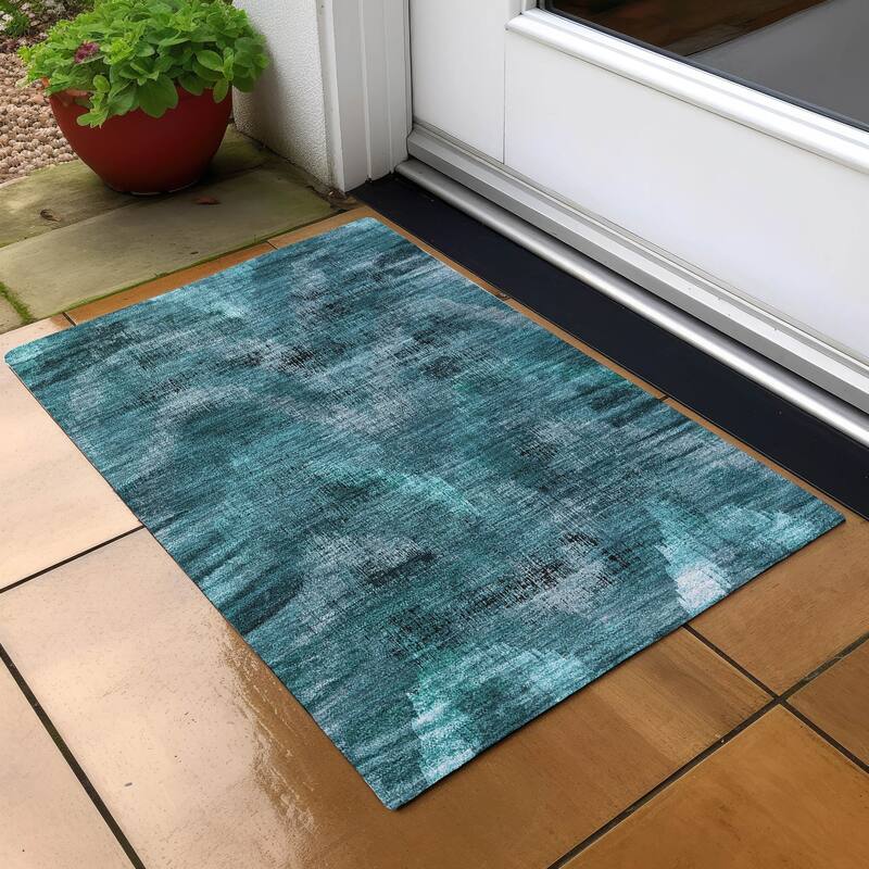 Machine Washable Indoor/ Outdoor Chantille Distressed Chevron Rug - Teal - 1'8" x 2'6"