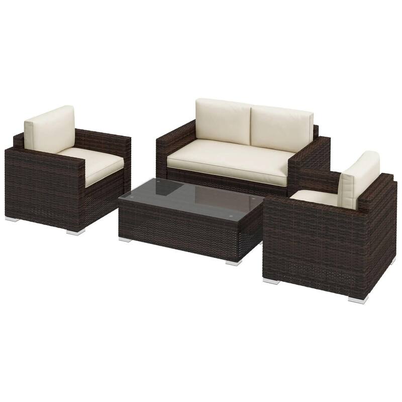 4PCS PE Rattan Patio Set, Sofa Chaise Coffee Table, All Weather