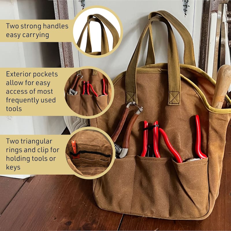 Kings County Tools 12x14-inch Waxed Canvas Tote Bag Gardening Tool Caddy with Pockets