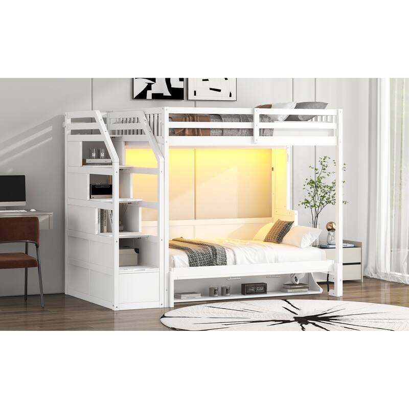 Full XL Loft Bed with Built-In Storage Staircase & Murphy Bed – Space-Saving Design with LED Lighting in White Finish