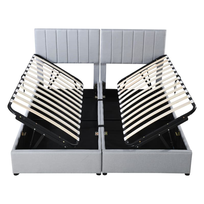 King Size Upholstered Platform Bed with Hydraulic Lift Storage, Vertical Stripe Headboard, and Ample Under-Bed Storage