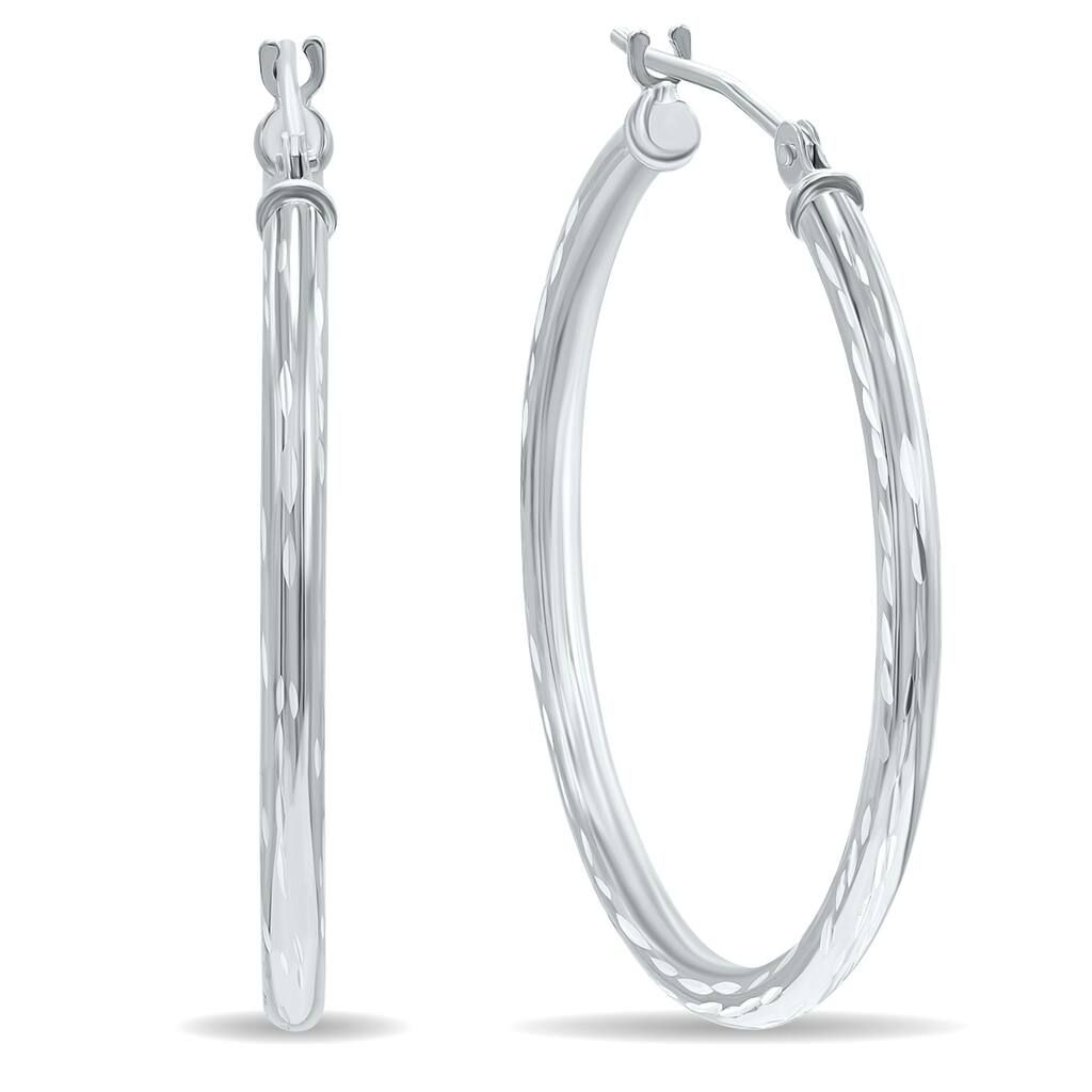 Marquee Jewels 14K White Gold Shiny Diamond Cut Engraved Hoop Earrings (30mm)