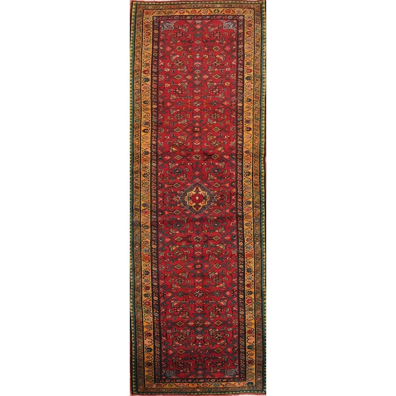 Hand Knotted Oriental 100% Wool Carpet Traditional Geometric Red Hamedan Runner Rug - 9' 11'' X 3' 0''