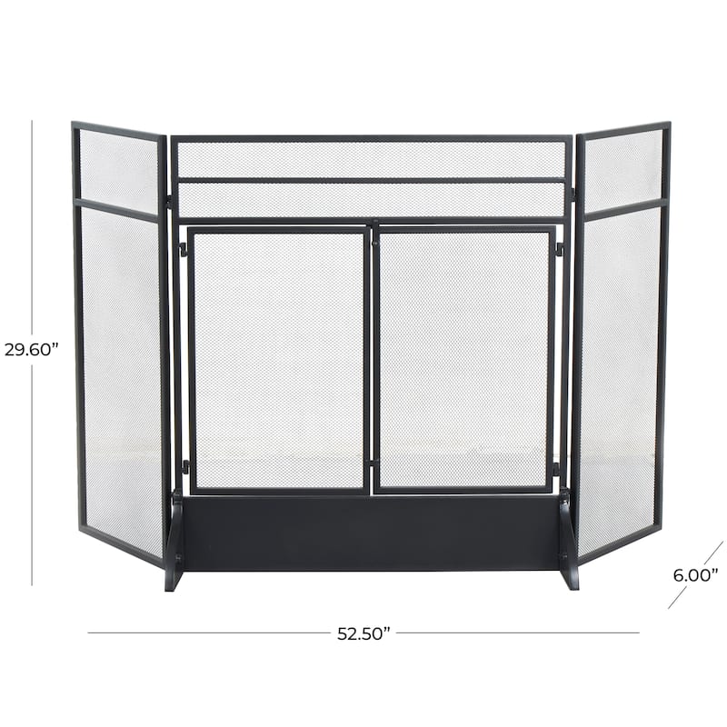 Metal Geometric 3 Panel and 2 Door Fireplace Screen with Mesh Backing - Black - Roche River Decor - 19"W x 27"L x 30"H