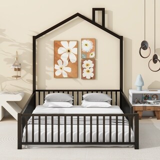 Full Size Platform Bed with Full- Length Guardrail, Metal House-shaped Bed with Chimney for Bedroom, Black