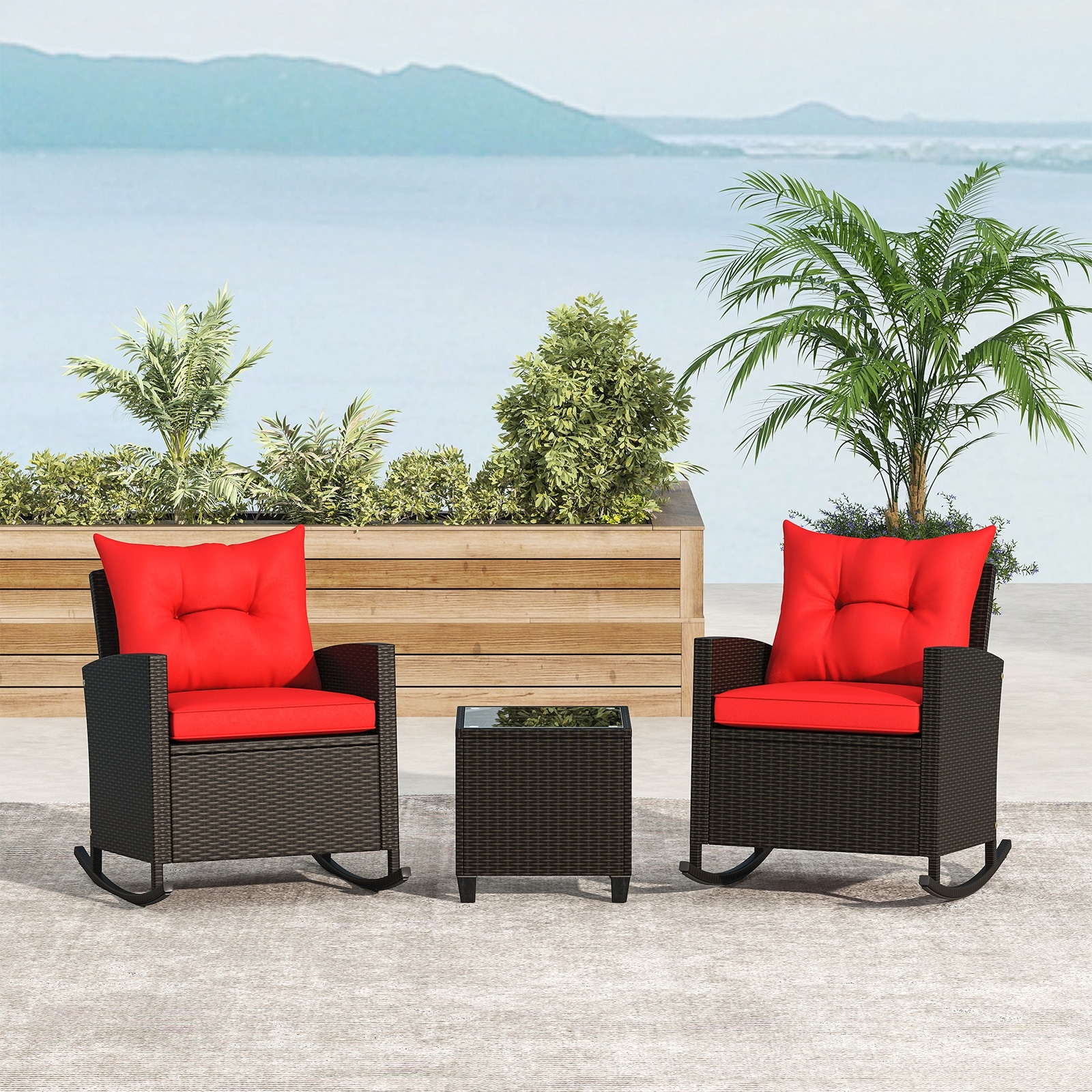 Gymax Set of 3 Wicker Rocking Set w/ Tempered Glass Table Patio