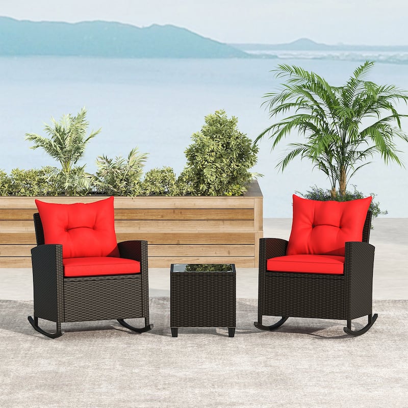 Gymax Set of 3 Wicker Rocking Set w/ Tempered Glass Table Patio - Red