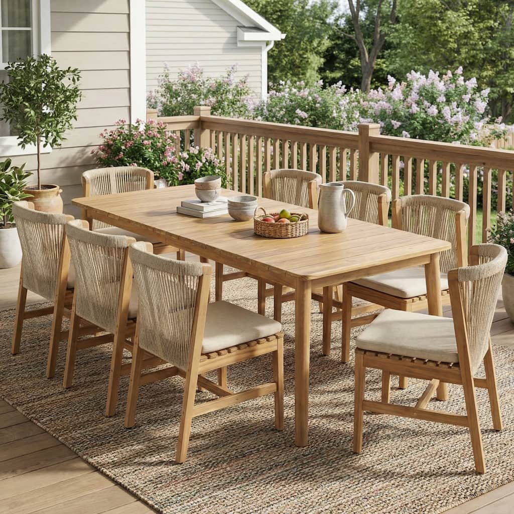 Christopher Knight Home - Solterra Farmhouse Wood & Rope Woven 9-Piece Outdoor Dining Set with Slat Table