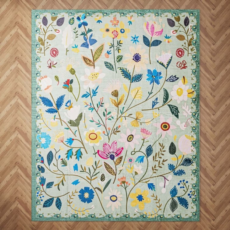Nature Floral Non-Slip Machine Washable Colorful Modern Area Rug - Rectangle 5' x 8' - Green