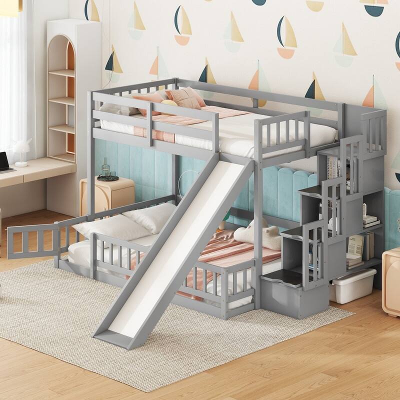 Twin Over Full Multifunctional Kids Bunk Bed Frame with Slide, Wooden Loft Bed with Storage Staircase and Guardrails - Grey