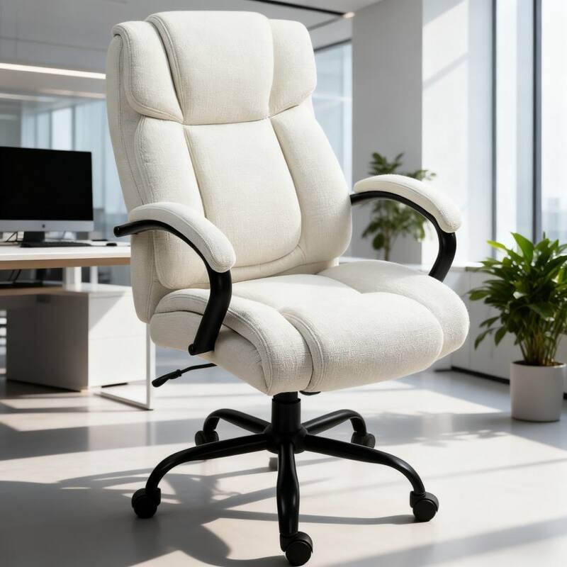 Executive Office Chair - Plush Padding, Adjustable & Rolling Wheels for Effortless Office Style - Cream White