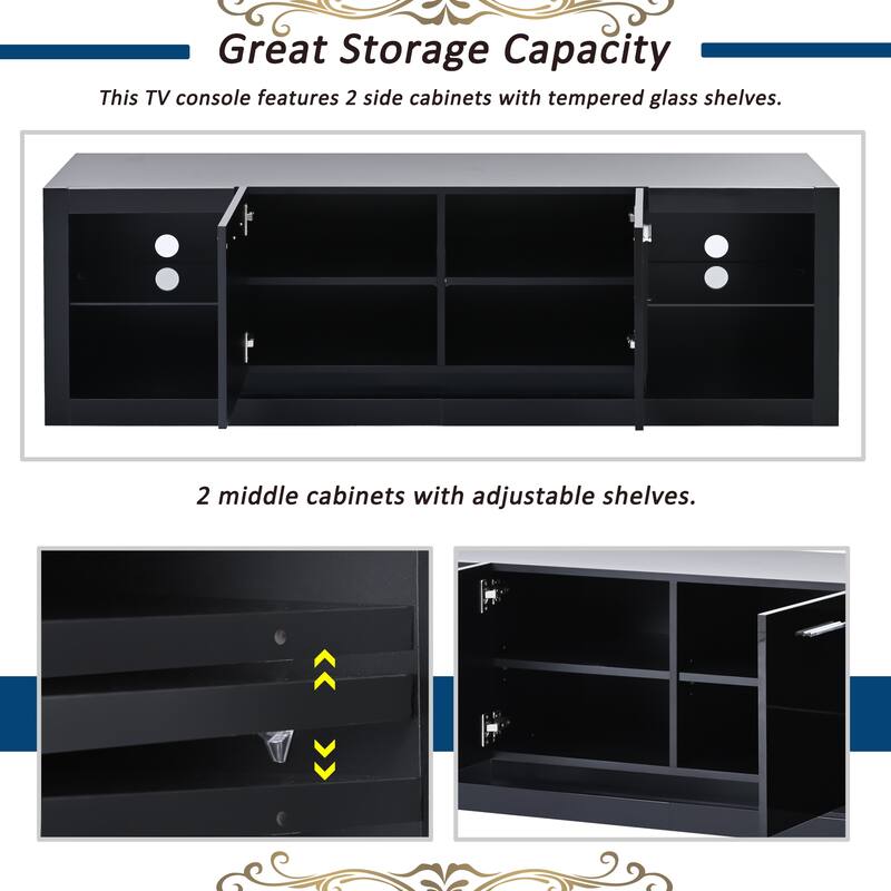 Contemporary White TV Stand with LED Lighting, Glass Shelves, and Large Storage Capacity, Fits TVs Up to 61.