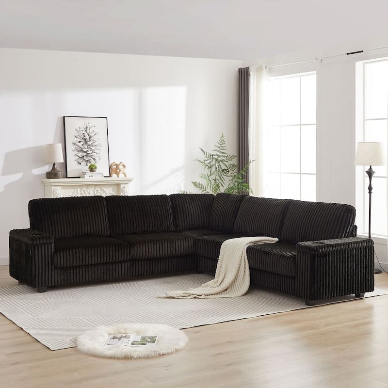 110-Inch L-Shape Oversized Corduroy Corner Sofa with Two Storage Spaces,USB Port, Type-C Port and Cup-Holder - Black