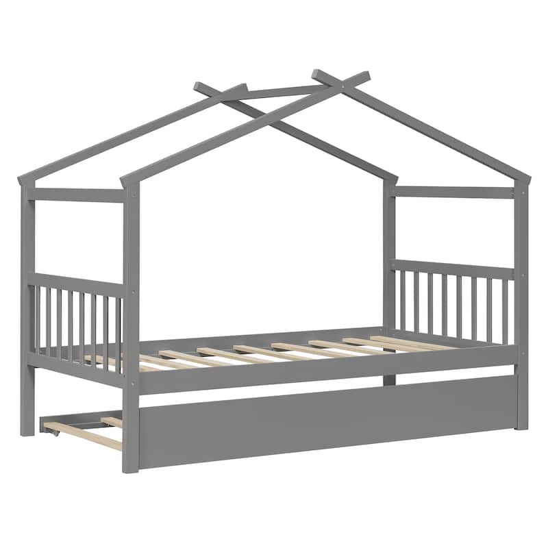 Twin Size Wooden House-Shaped Bed With Twin Size Trundle