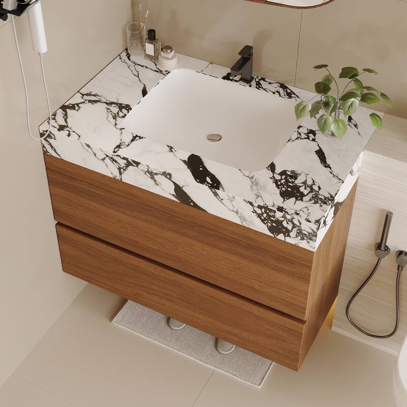29.9" Modern Floating Bathroom Vanity - Faux Marble Top with Ceramic Undermount Sink, Wall-Mounted for Small Bathrooms