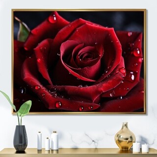 Designart "Red Rose with Raindrops I" Roses Framed Wall Decor - Bed ...