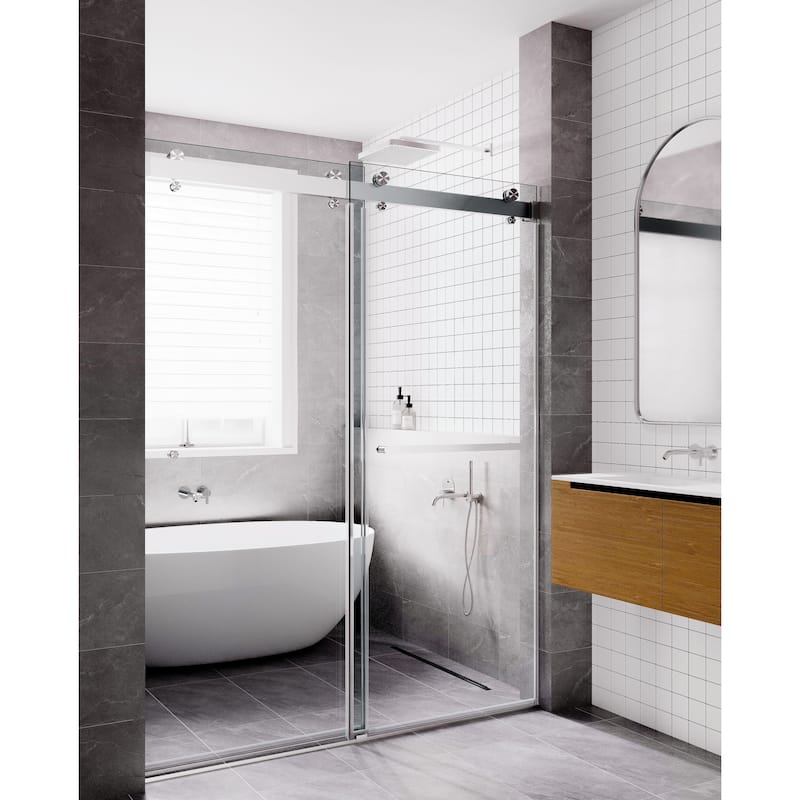 SP Series 62" - 66" W x 77" H Contemporary Frameless Double Sliding Shower Door with 3/8" Clear Tempered Glass - Brunshed Nickel