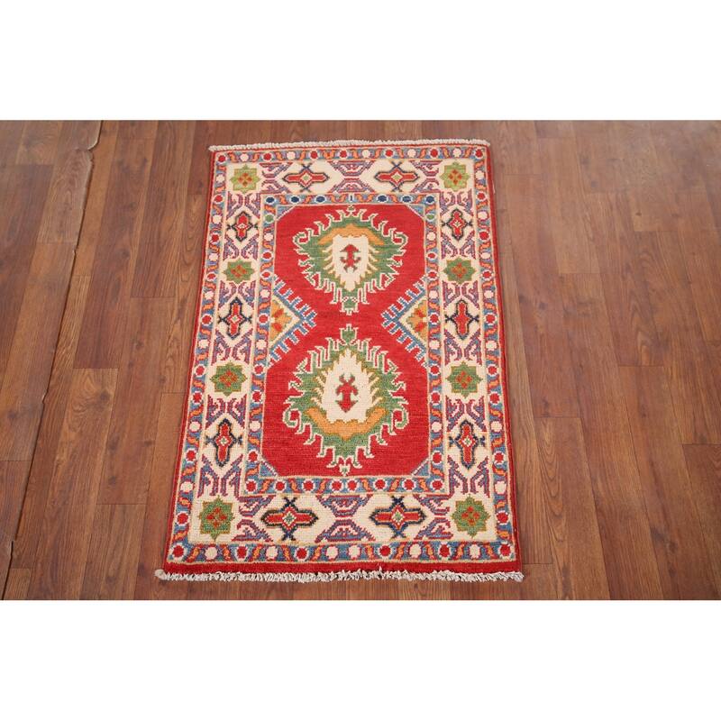 Hand Knotted Oriental 100% Wool Carpet Traditional Geometric Red Kazak Area Rug - 2' 11'' X 1' 11''