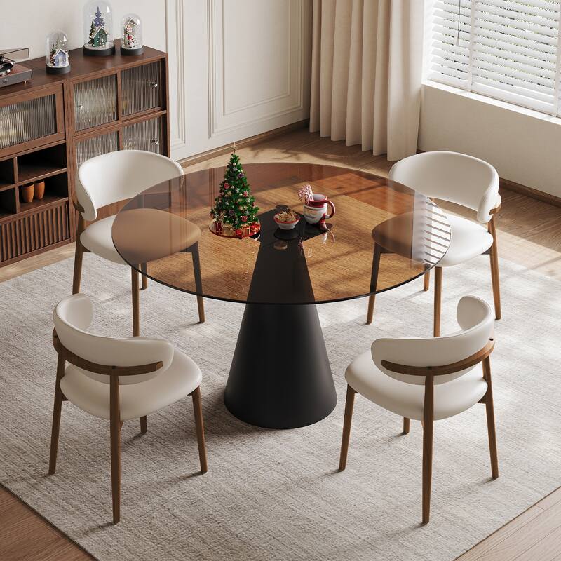 5 Piece Dining Set Round Glass Top Table Carbon Steel Base 4 Chairs for Small Spaces - Black+Brown