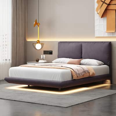 Full Size Upholstered Platform Bed with Sensor Light and 2 Large Backrests