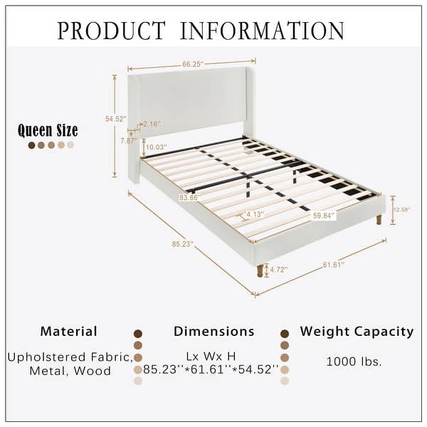 dimension image slide 4 of 11, Upholstered Platform Bed with Curve-Shaped Design Headboard