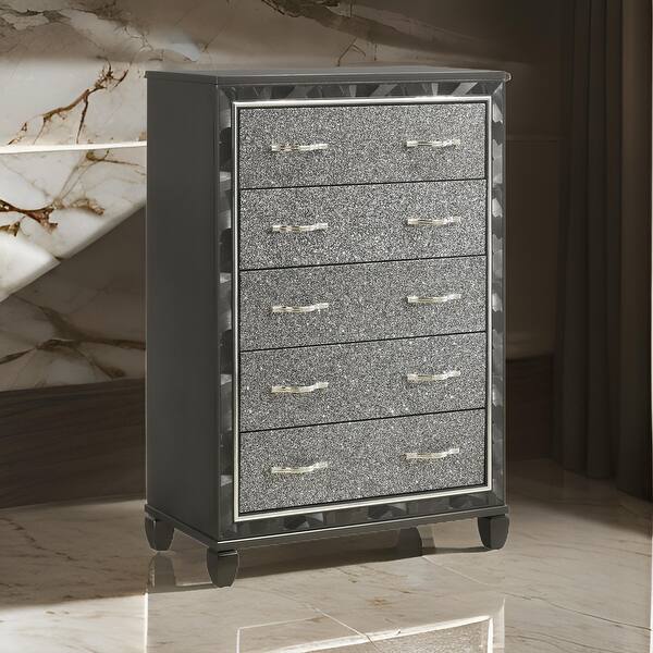 Ren 58 Inch Tall Dresser Chest, 5 Glitter Front Drawers, Black, Silver - Bed Bath & Beyond - 41169246 Ren 58 Inch Tall Dresser Chest, 5 Glitter Front Drawers, Black, Silver - Bed Bath & Beyond - 41169246