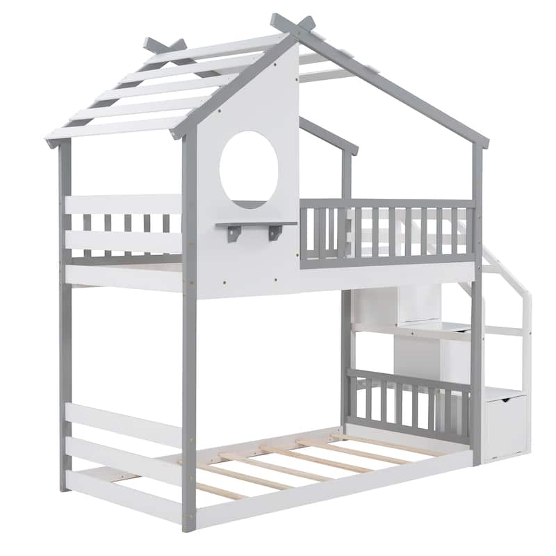 Matching Color Stairway Twin Over Twin Wood Bunk Bed House Bed With