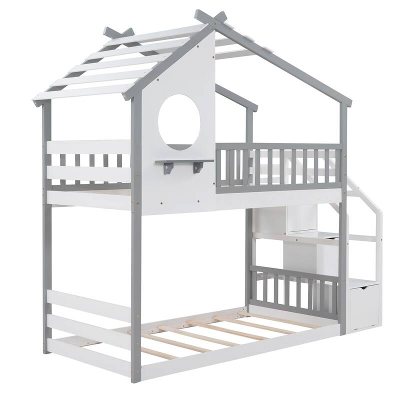 Stairway Twin-Over-Twin Bunk Bed, House Bed with Storage and Guard Rail, Natural Finish