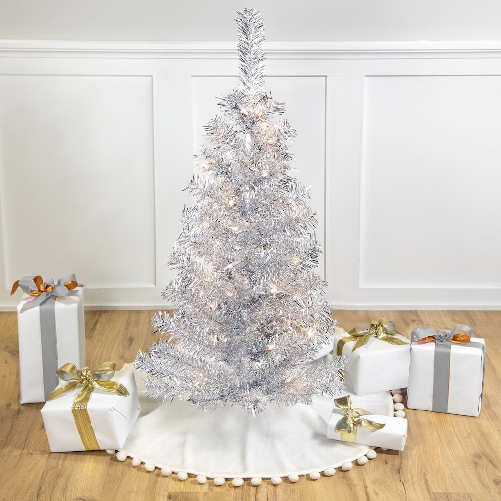 Pre-Lit Artificial Tinsel Christmas Tree - 3' - Silver - Clear Lights - 3 Foot