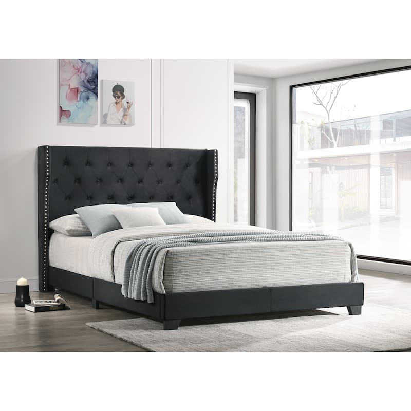 Best Quality Furniture Upholstered Panel Bed Tufted with Side Studs - Black - King